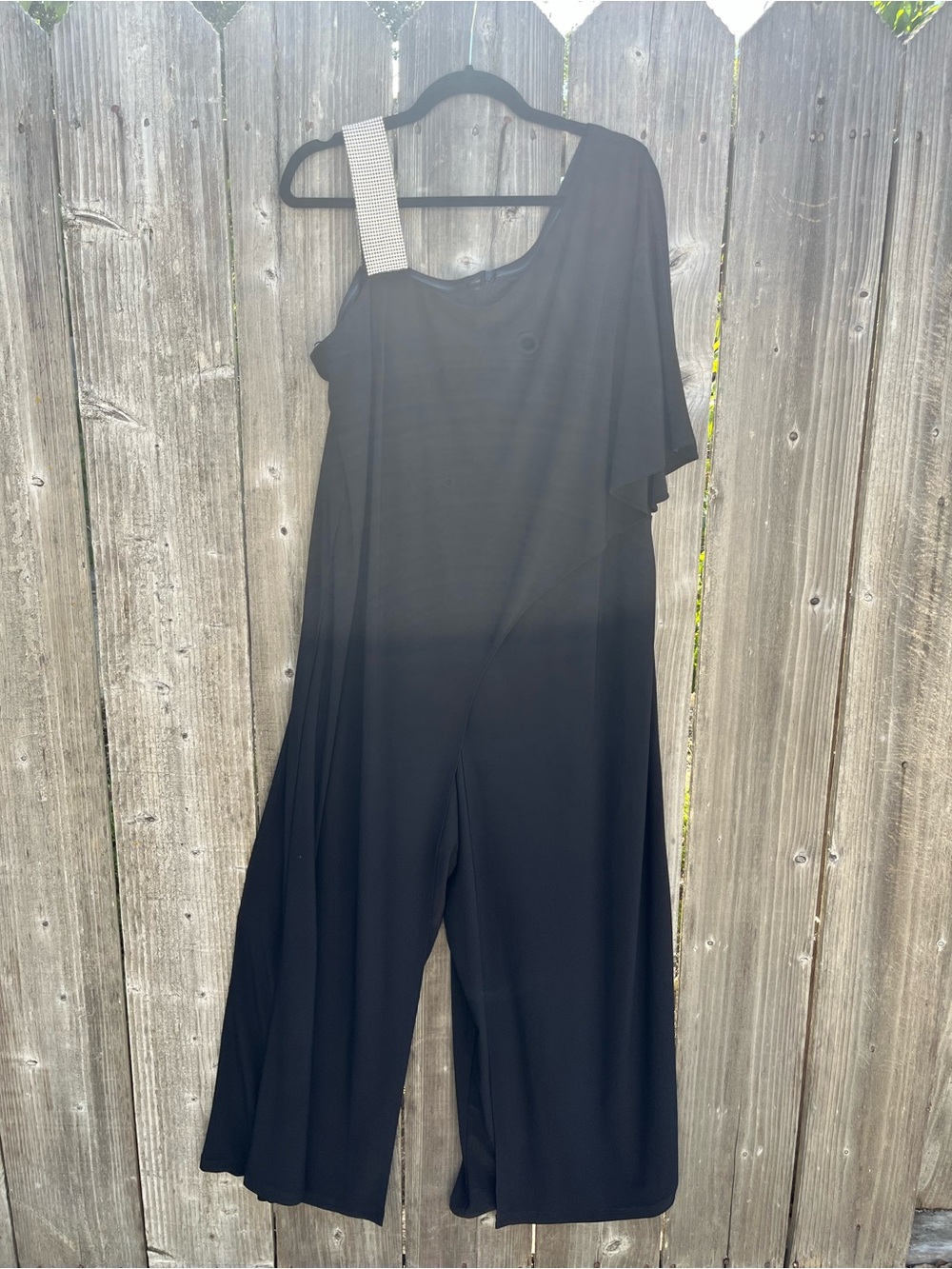 R&M Richards Black One-Shoulder Wide-Leg Jumpsuit with Crystal Strap